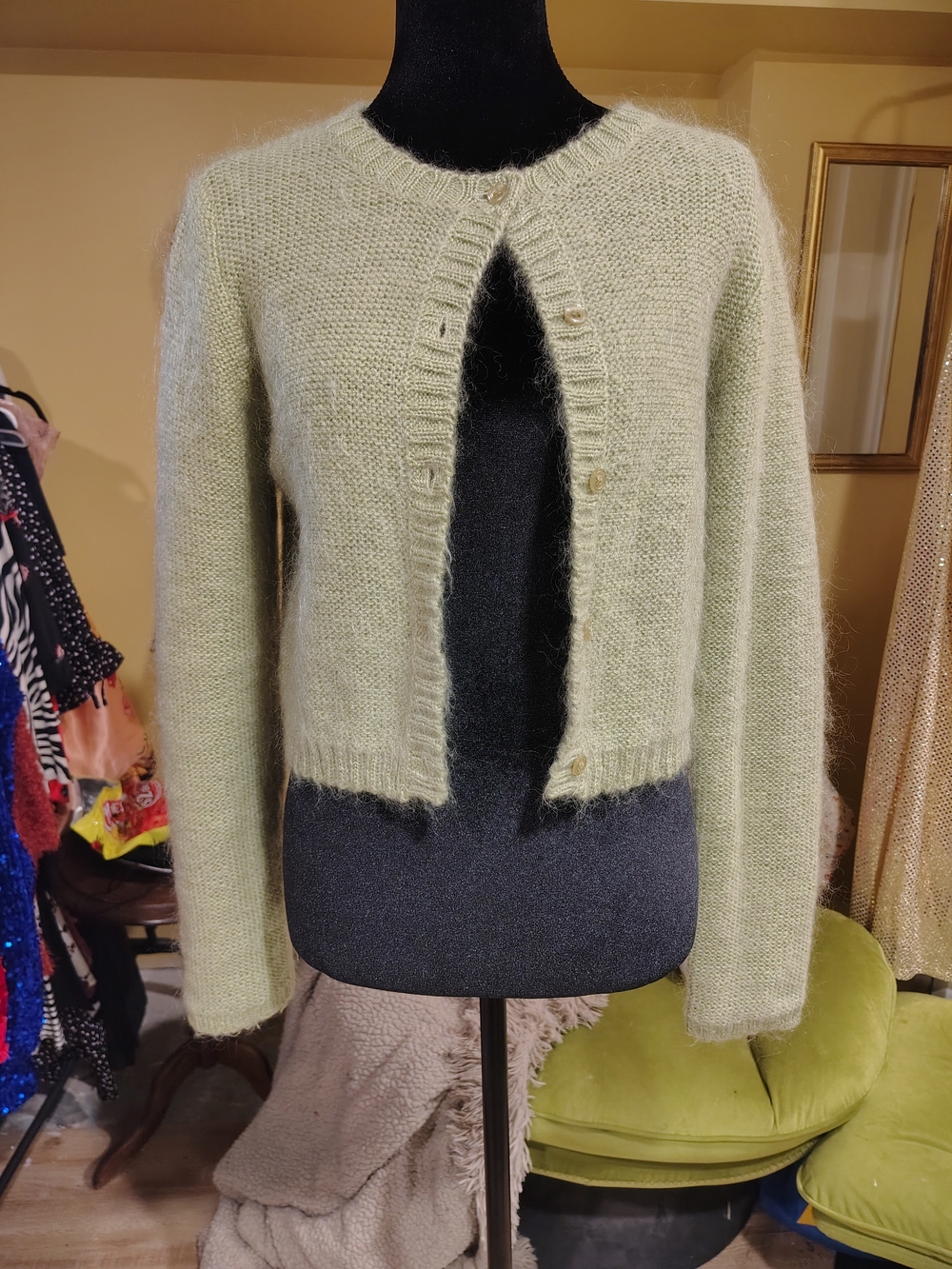 Esprit Mohair Cropped Cardigan in Sage Green